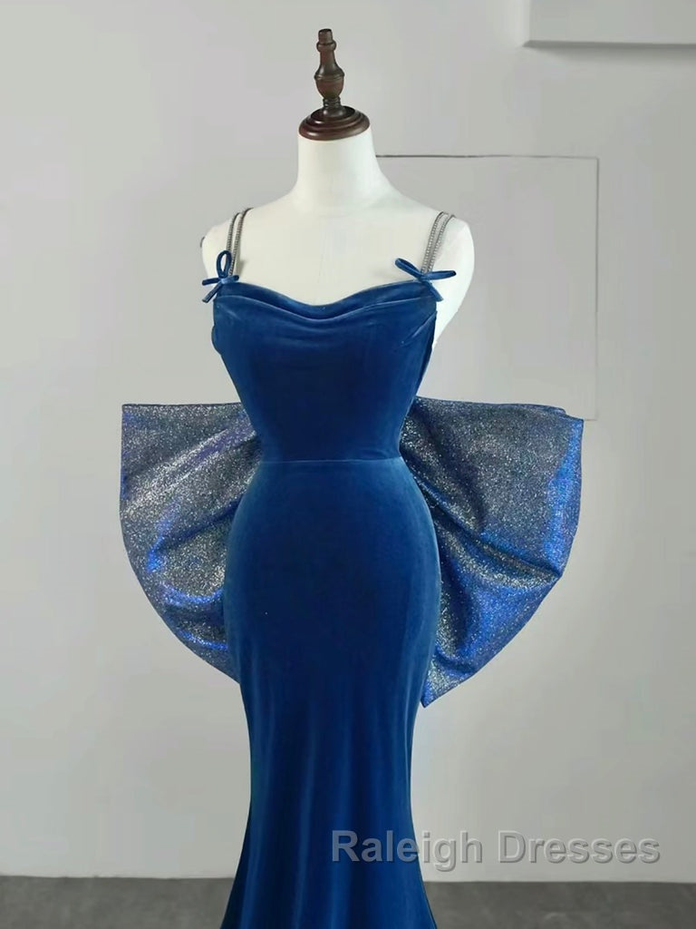 Simple Velvet Blue Mermaid Long Prom Dress, Backless Velvet Blue Evening Dress Secondary image