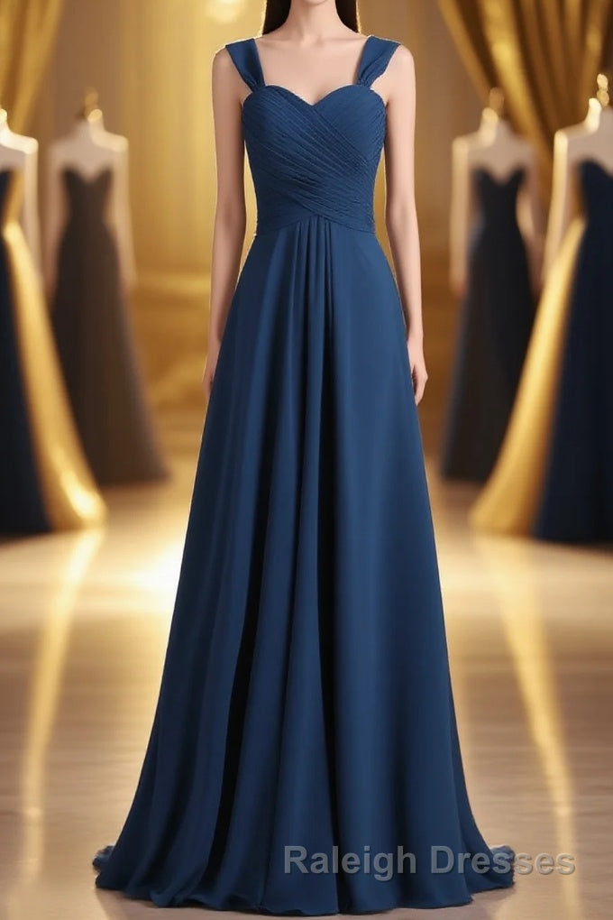 Navy Blue Chiffon Sweetheart A Line Long Bridesmaid Dresses