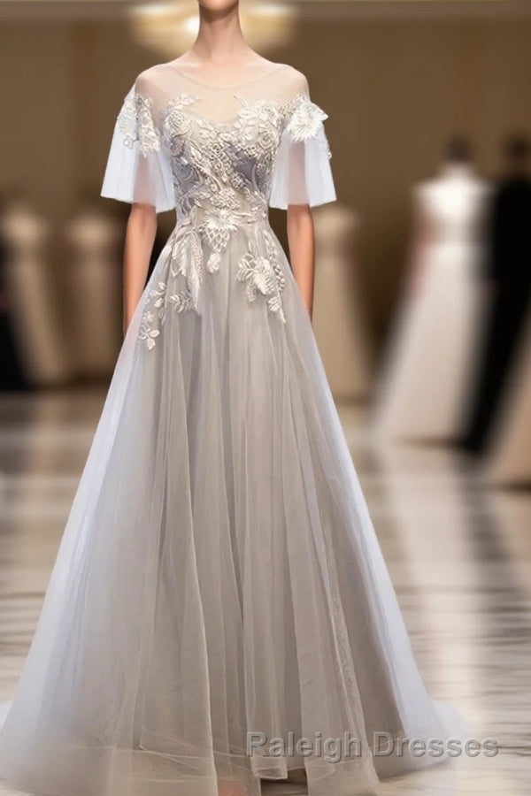 Gray Tulle Lace Long Prom Dress, Gray Tulle Lace Evening Dress, 5 Main image