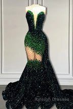 V Neck Sequins Prom Dresses Mermaid Sleeveless Crystal.