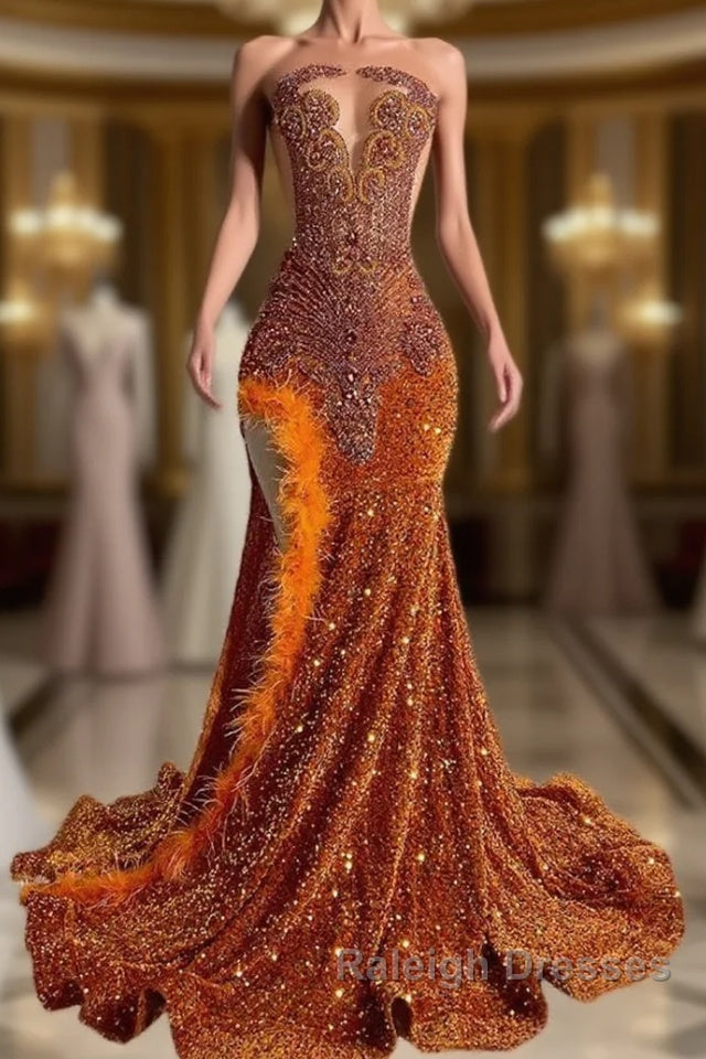 Mermaid Style Burnt Orange Sequins Prom Dresses with Side Slit Long Length Beadings and Feathers Main image