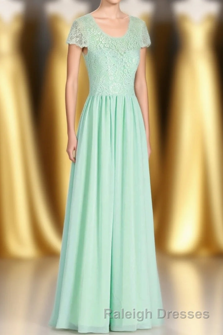 Sage Green Lace and Chiffon Cap Sleeve A-Line Long Bridesmaid Dress
