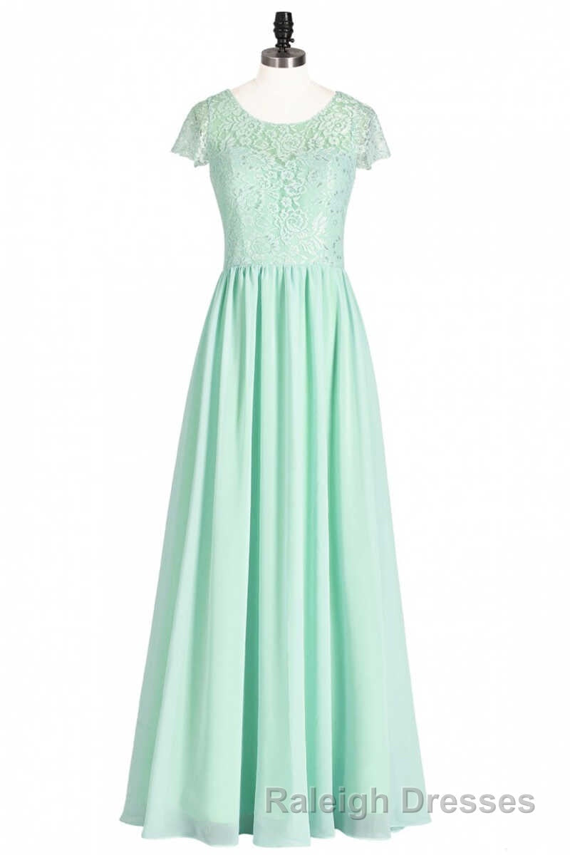 Sage Green Lace and Chiffon Cap Sleeve A Line Long Bridesmaid Dresses