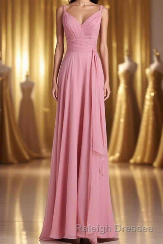 Pink V Neck Lace-Up Long Bridesmaid Dresses Main image