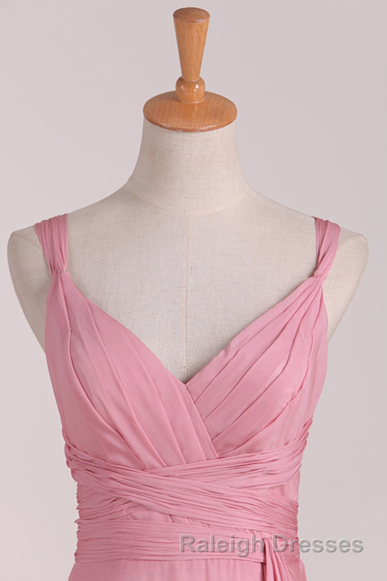 Pink V Neck Lace-Up Long Bridesmaid Dresses