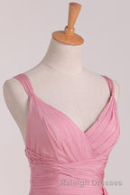 Pink V Neck Lace-Up Long Bridesmaid Dresses