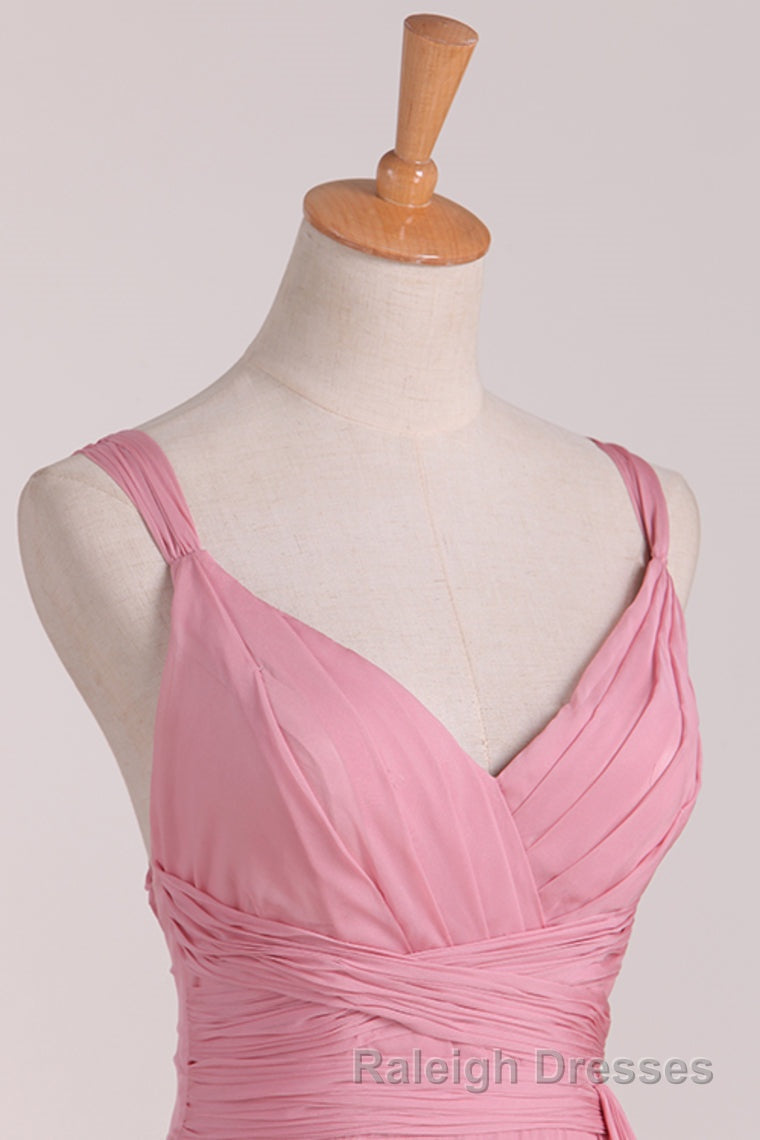 Pink V Neck Lace-Up Long Bridesmaid Dresses