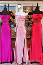 Black Strapless Mermaid Satin Prom Dresses Long with Slit