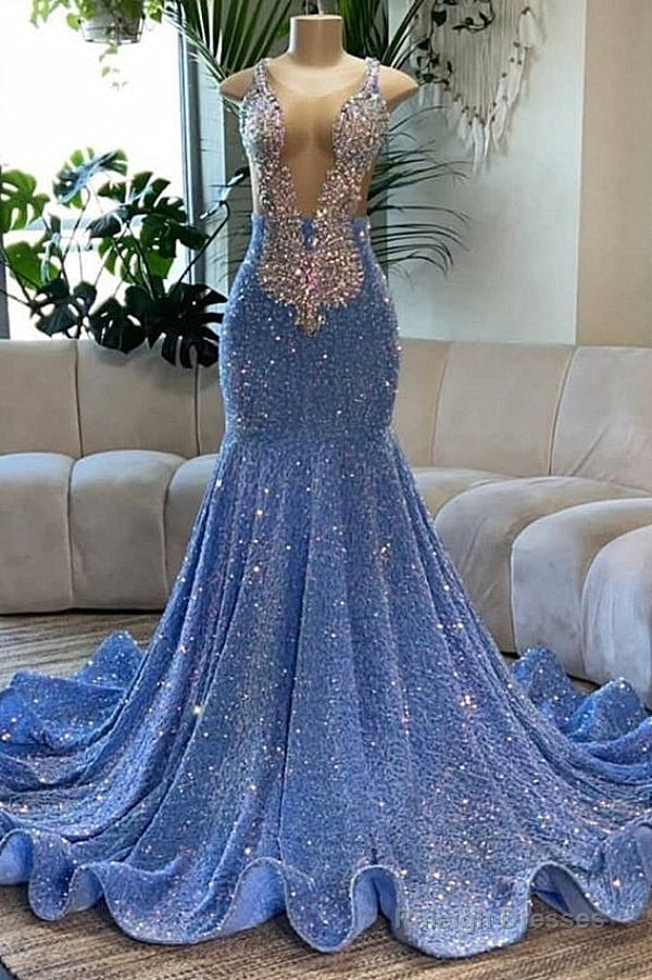Deep V-Neck Mermaid Sequins Backless Prom Dress Main image
