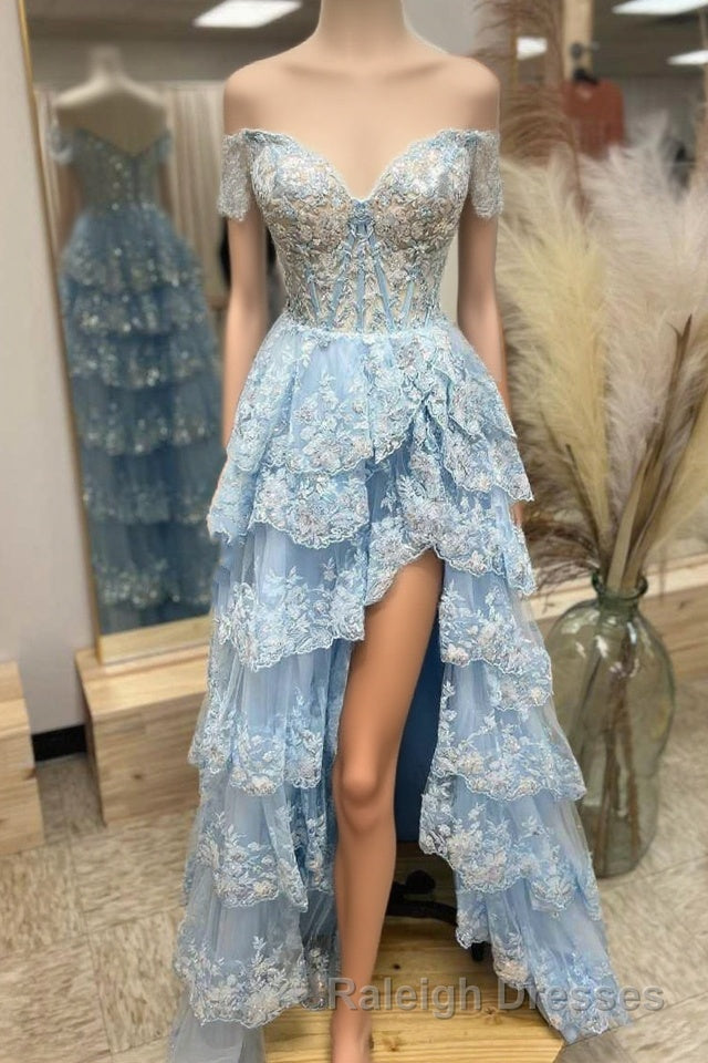 Light Blue Lace Sweetheart Tiered Prom Dresses Long with Slit Main image