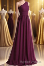 Magenta Chiffon One-Shoulder A-Line Long Bridesmaid Dress