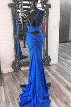 Blue Beaded One-Shoulder Ruched Long Formal Dress with Slit