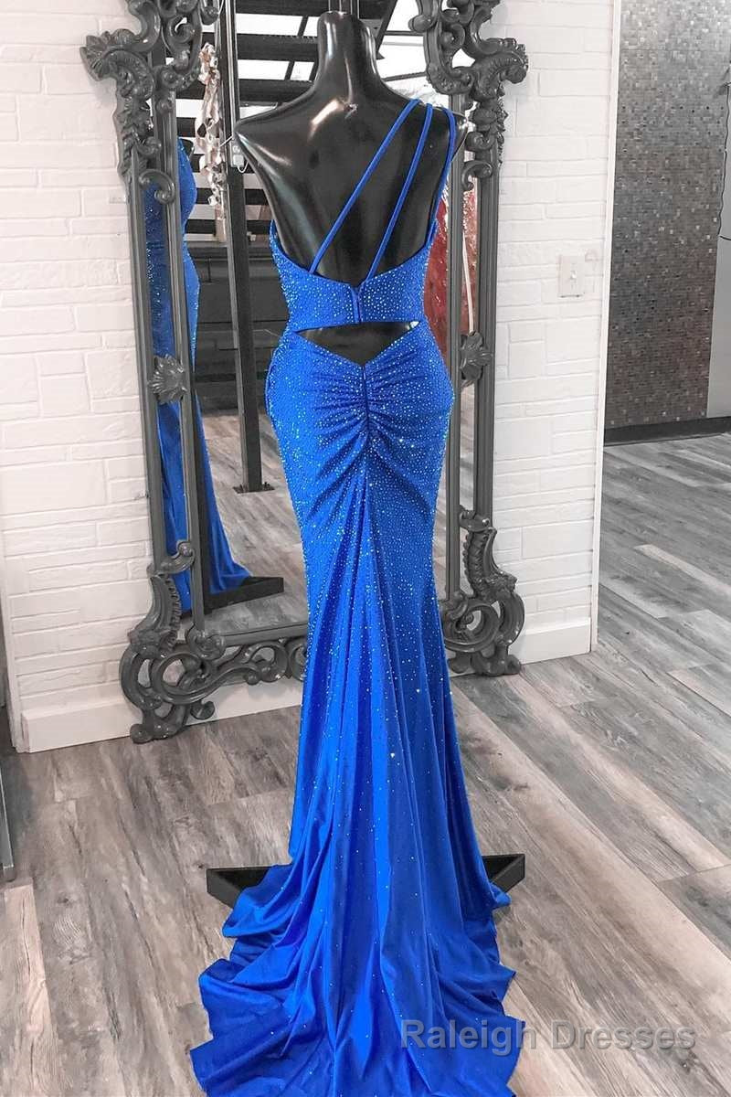 Blue Beaded One-Shoulder Ruched Long Formal Dress with Slit