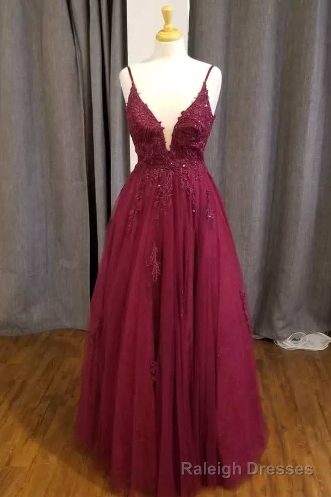 Wine Lace Appliques V Neck A Line Prom Dress Main image