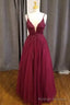 Wine Lace Appliques V Neck A Line Prom Dress