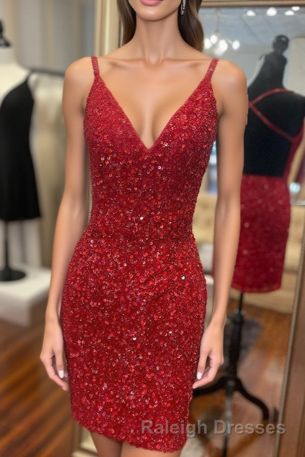 Tight V-Neck Red Mini Party Dress Main image