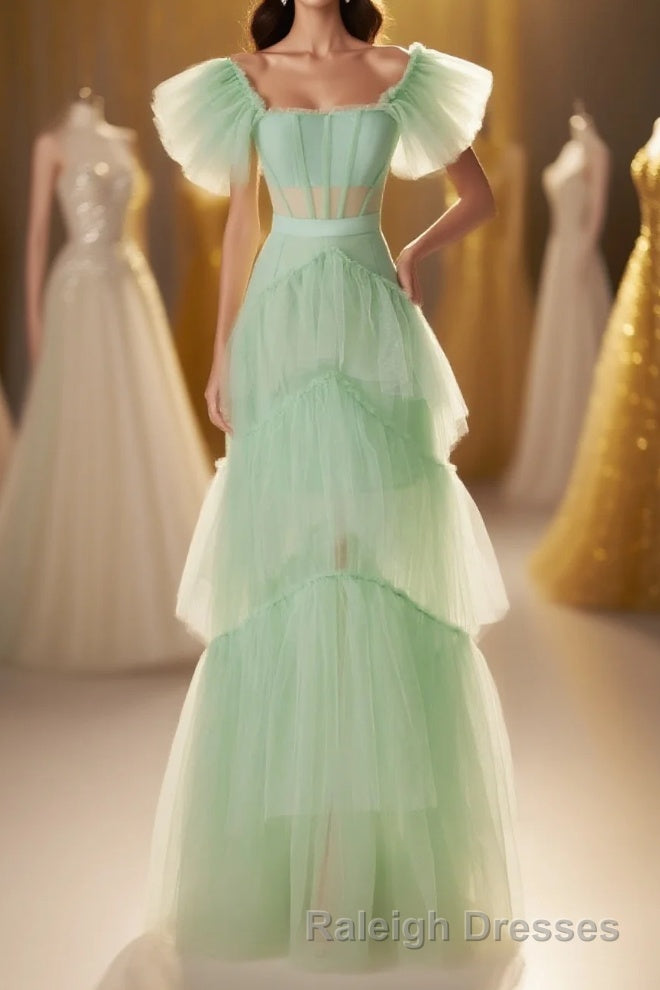 Mint Green Flare Sleeves Ruffles Long Party Dress