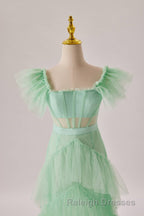 Mint Green Flare Sleeves Ruffles Long Party Dress