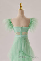 Mint Green Flare Sleeves Ruffles Long Party Dress