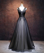 Black V Neck Tulle Lace Applique Long Prom Dress, Black Prom Dress, 1