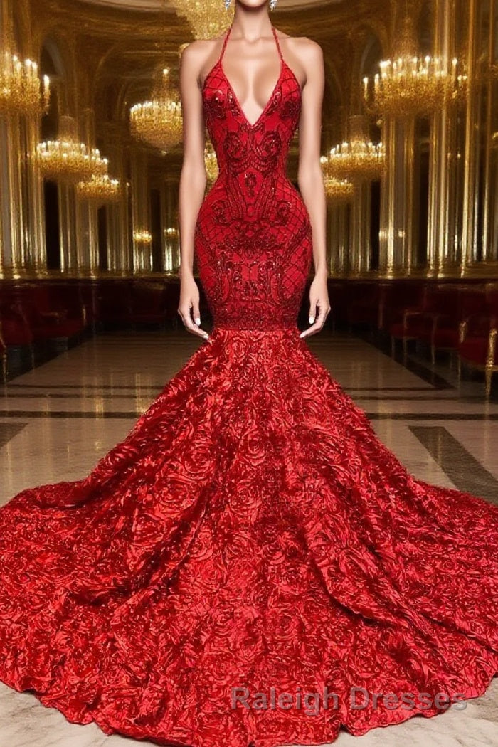 Burgundy Halter Mermaid V Neck Low back Flowers Prom Dress