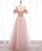 Pink V Neck Tulle Lace Long Prom Dresses Pink Bridesmaid Dresses 1