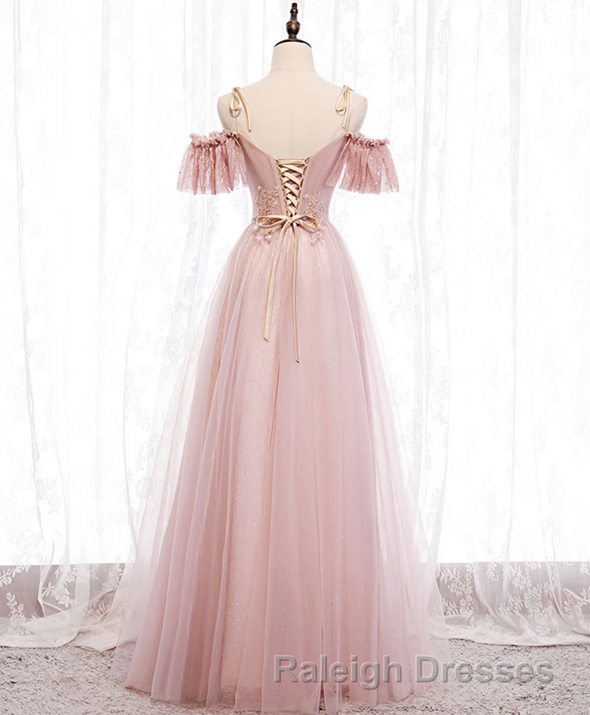 Pink V Neck Tulle Lace Long Prom Dresses Pink Bridesmaid Dresses 1
