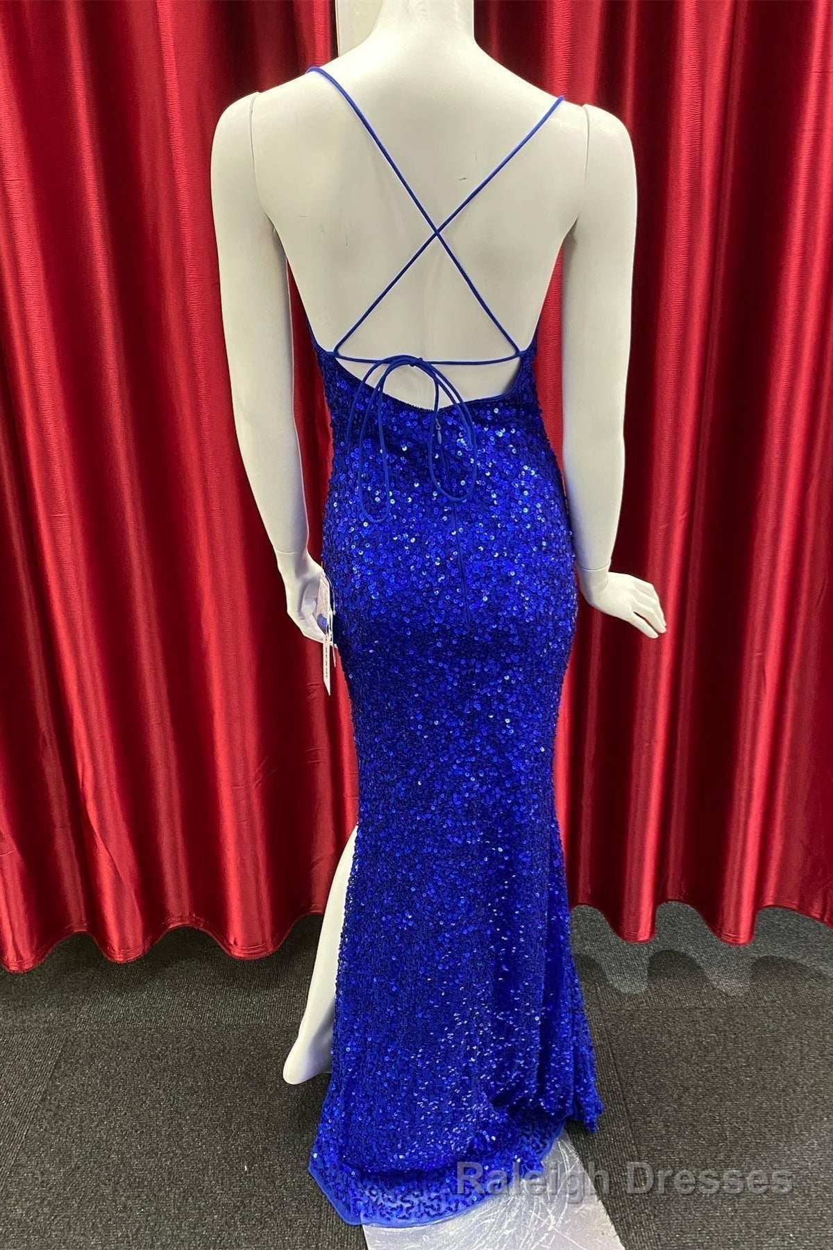 Royal Blue Lace-Up Sequins Mermaid Long Prom Dress with Slit Secondary image