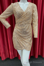 Champagne Sequin Long Sleeve Short Prom Dress