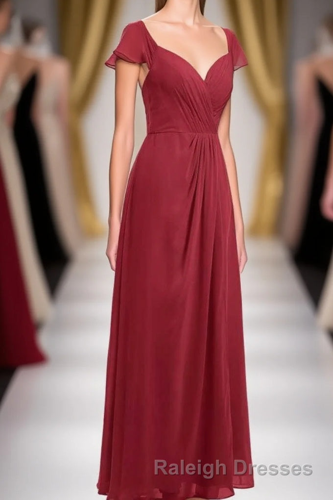 Wine Red Chiffon Backless Ruffled Sleeve Long Bridesmaid Dresses