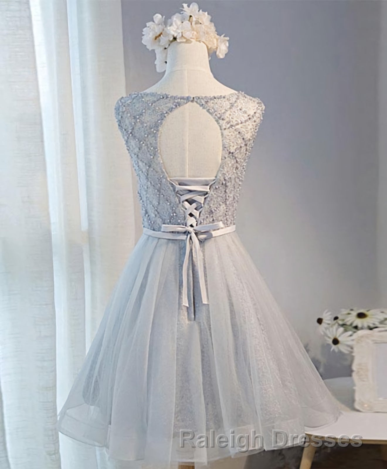 Gray Tulle Beads Short Prom Dress, Gray Homecoming Dress Secondary image