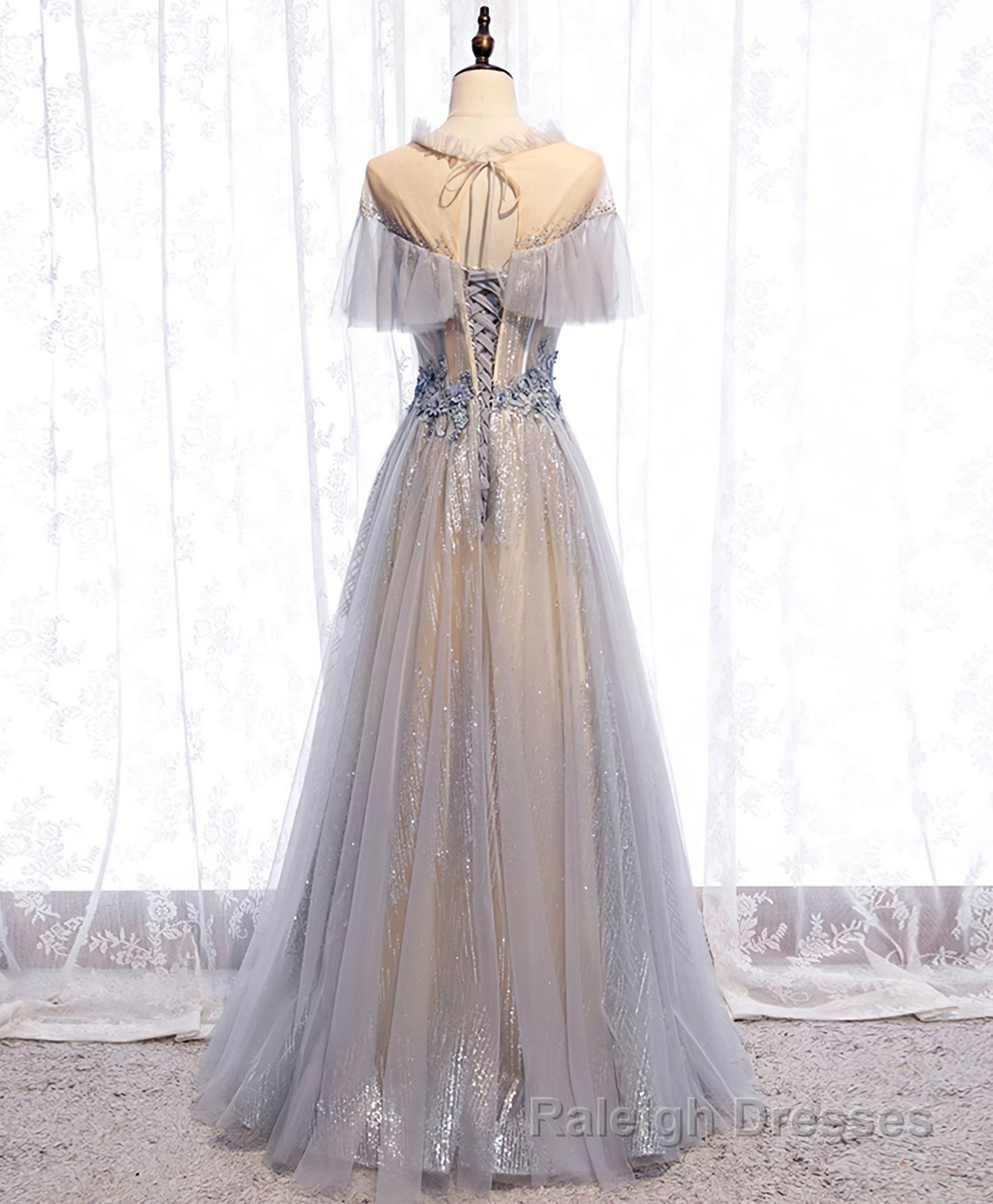 Gray Tulle Lace Long Prom Dress, Gray Tulle Formal Dress, 3 Secondary image