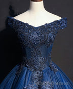Blue Tulle Lace Off Shoulder Long Prom Dresses Blue Tulle Lace Prom Dresses