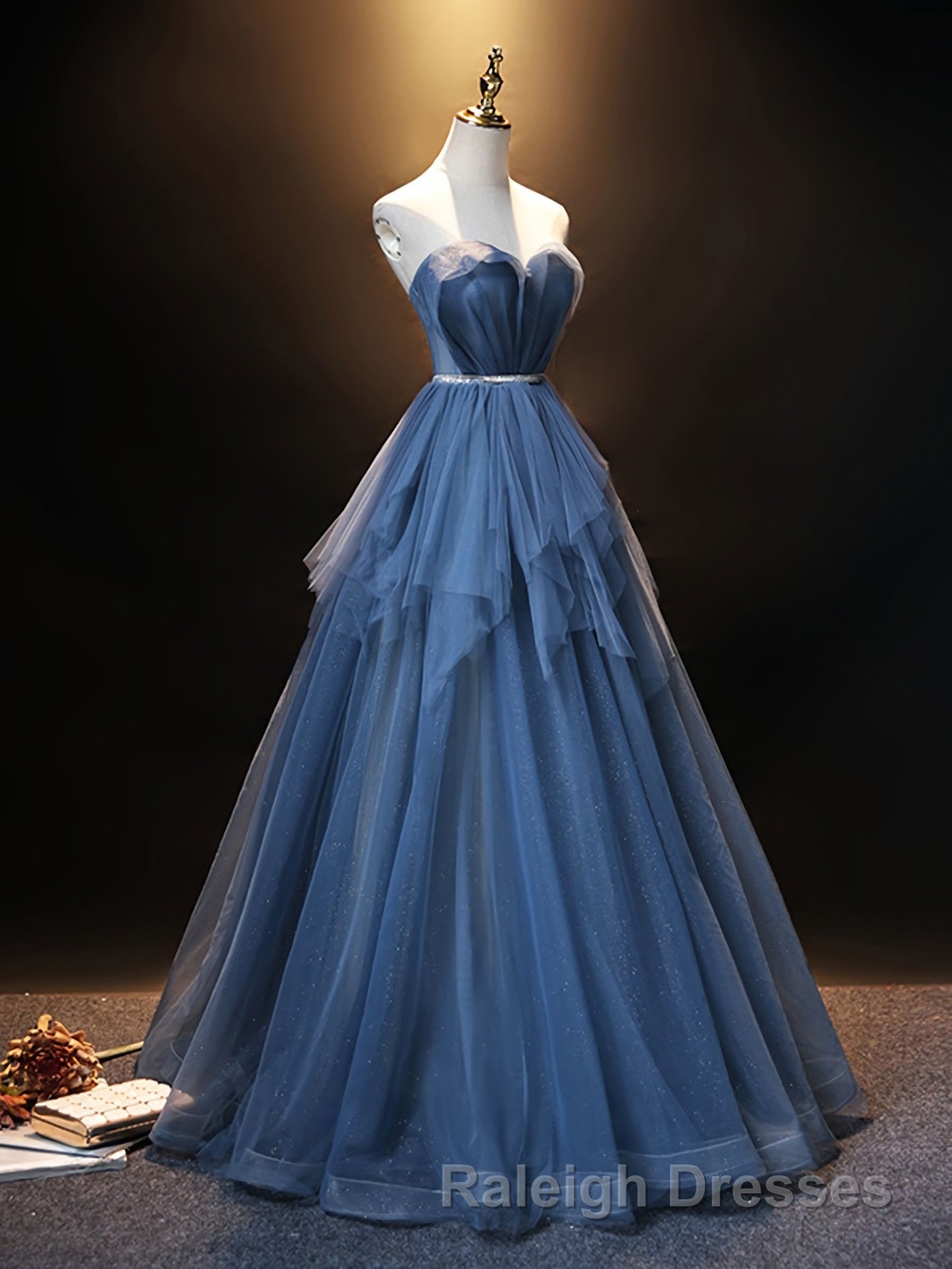 Blue Sweetheart Neck Tulle Long Prom Dress, Blue Evening Dress