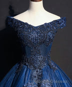 Blue Tulle Lace Off Shoulder Long Prom Dress, Blue Tulle Lace Evening Dress