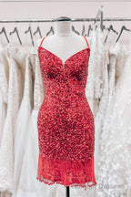 Red Lace-Up Sequins Sheath V Neck Homecoming Dress with Tassels