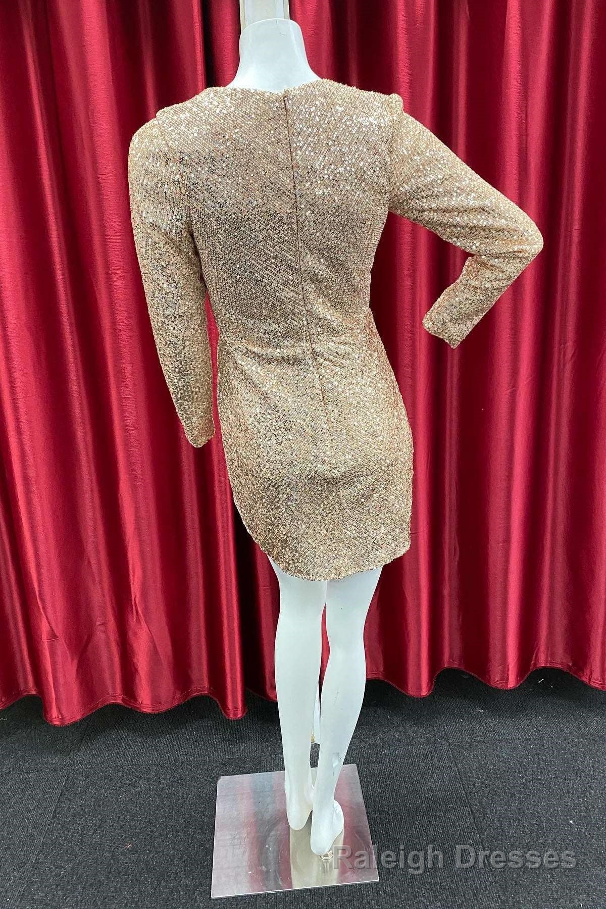 Champagne Sequin Long Sleeve Short Prom Dress
