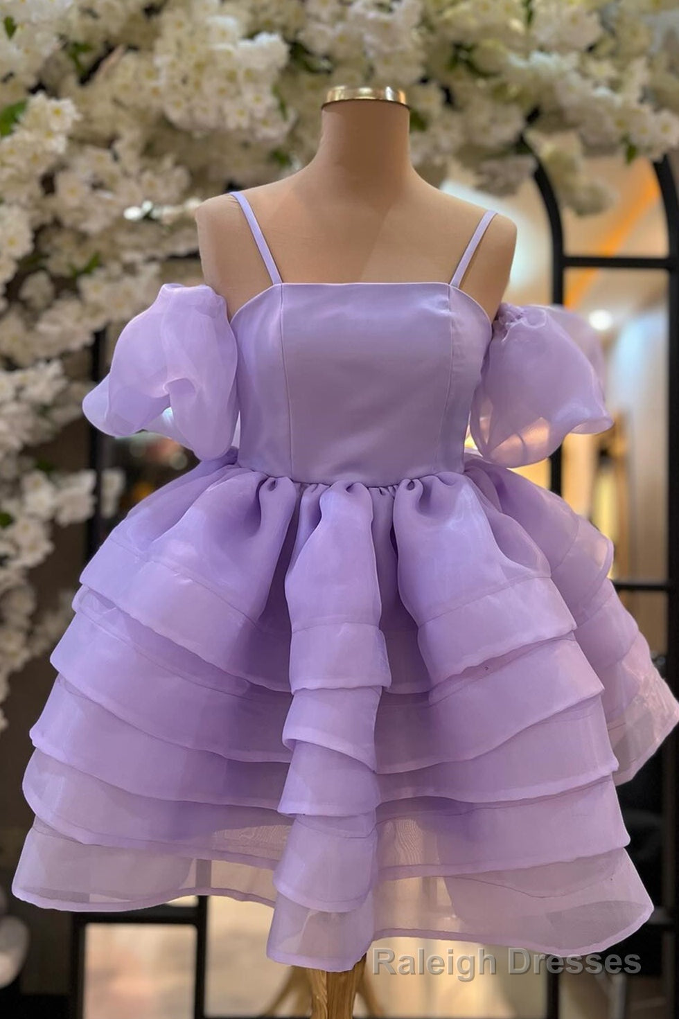 Lavender Cold Shoulder Straps Puff Sleeves Layers Homecoming Dress Main image