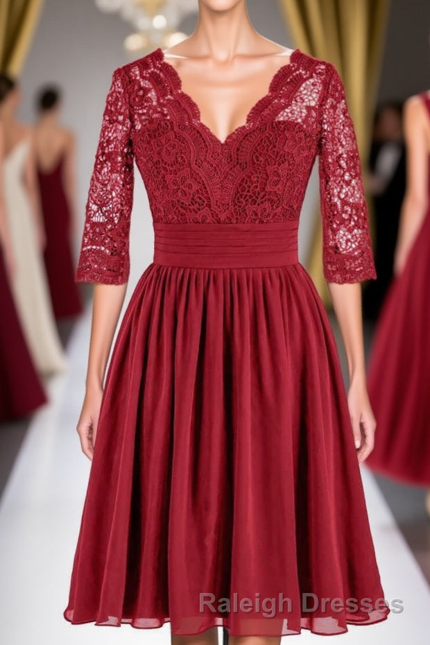 Red Lace V Neck Backless Short Bridesmaid Dresses Main image