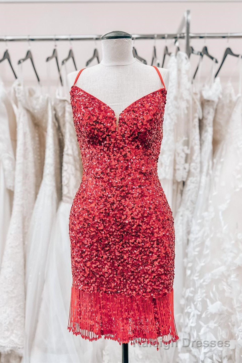 Red Lace-Up Sequins Sheath V Neck Homecoming Dress with Tassels