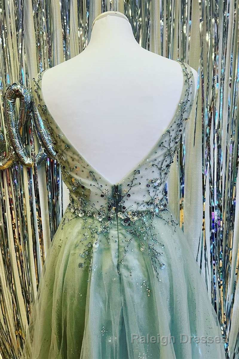 Mint Green Beaded V Neck Backless A Line Prom Dress