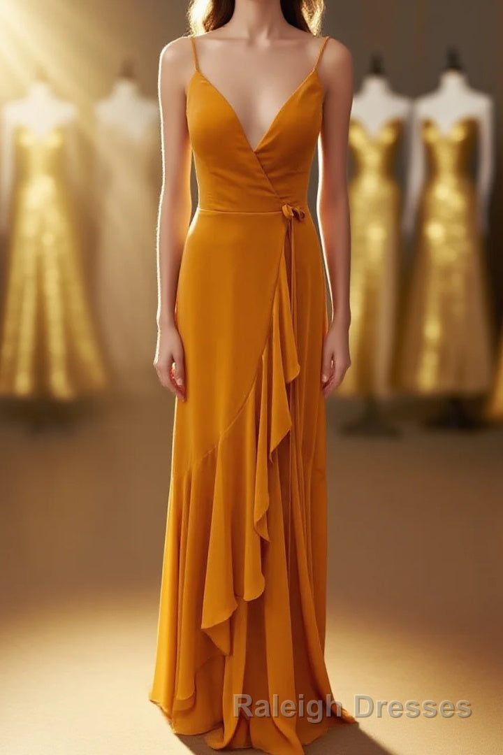 Rust V Neck Spaghetti Straps Ruffled Long Bridesmaid Dresses Main image