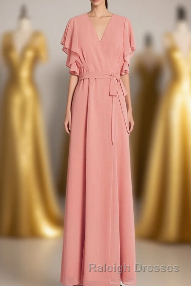 Peach Wrap Ruffled Long Bridesmaid Dress