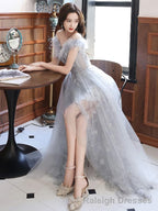 Gray Sweetheart Neck Tulle Long Prom Dress Gray Evening Dress