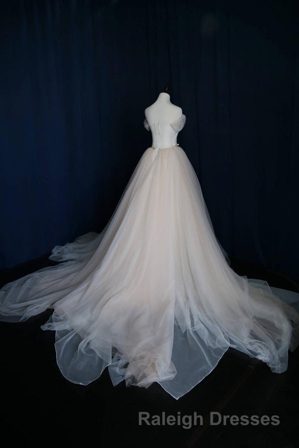 Elegant V Neck Off-shoulder Tulle Pleat Sweep Train Wedding Dress Secondary image