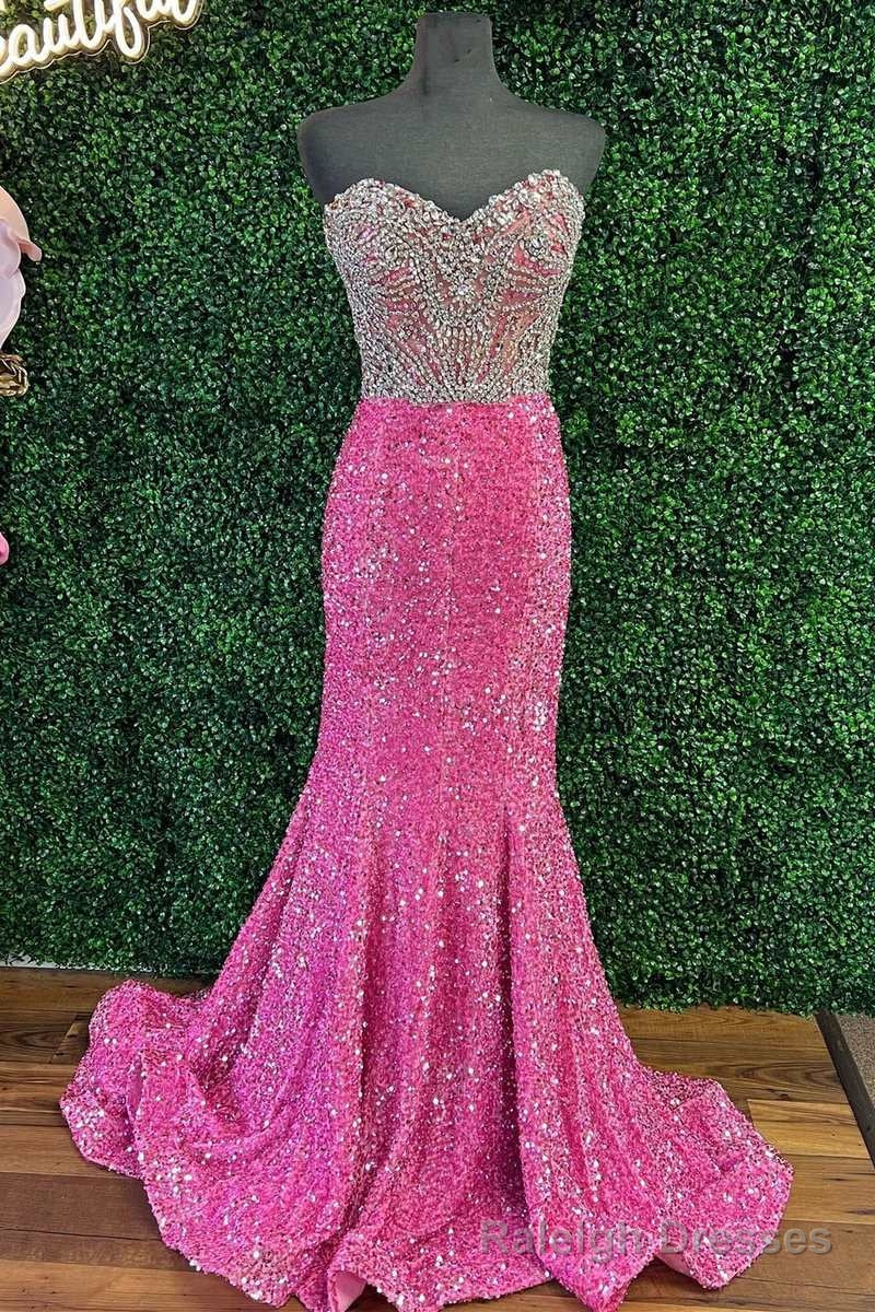 Hot Pink Sequin Rhinestones Strapless Mermaid Long Prom Dress Main image