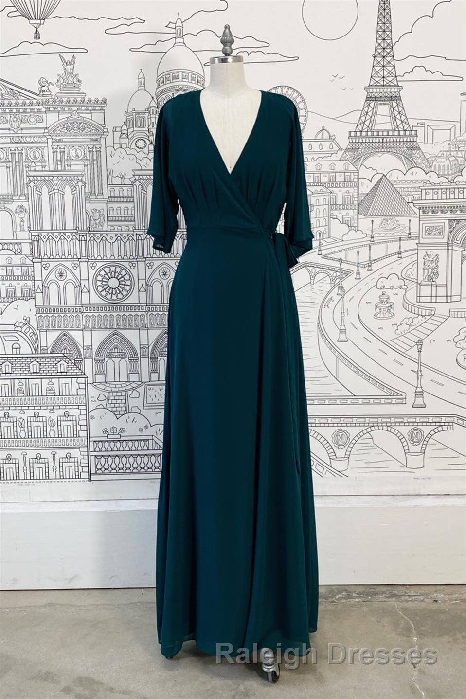 Wrap V Neck Sleeves Chiffon Long Bridesmaid Dress with Sash