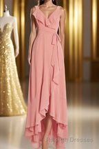 Peach Straps Ruffled High-Low Bridesmaid Dress