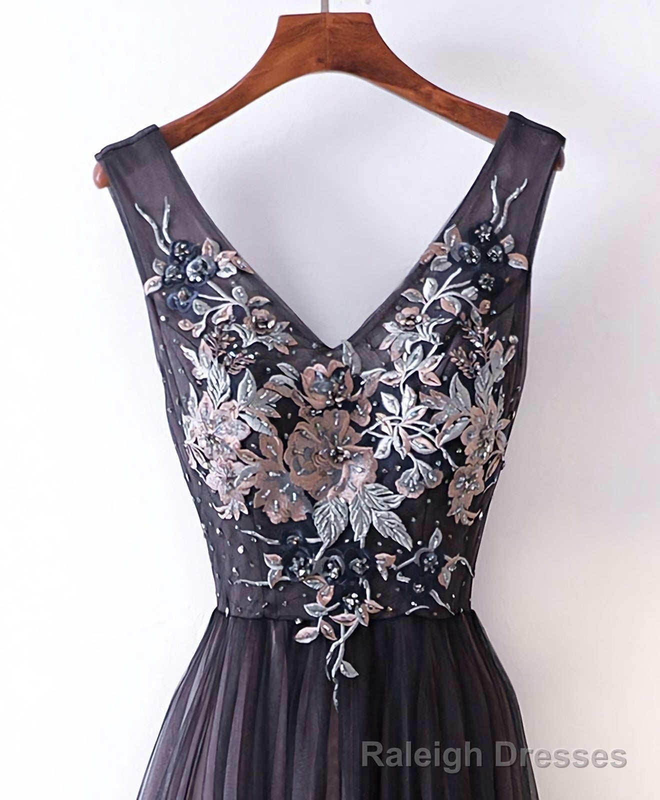 Black V Neck Lace Applique Tulle Long Prom Dress, Black Prom Dress