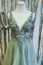 Mint Green Beaded V Neck Backless A Line Prom Dress